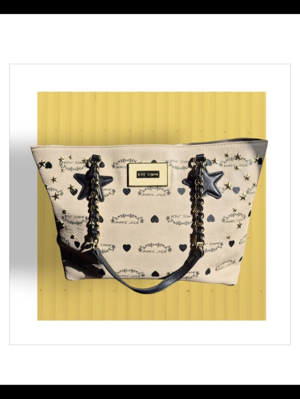 Betsey Johnson Tote Black print, Black Star and Heart, Gold Stud Details